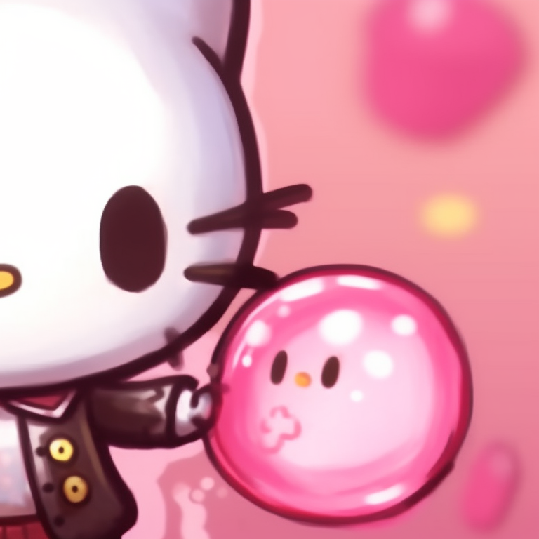 Two characters, multicolored background, linked by a heart-shaped bow. matching hello kitty pfp for partners pfp for discord.