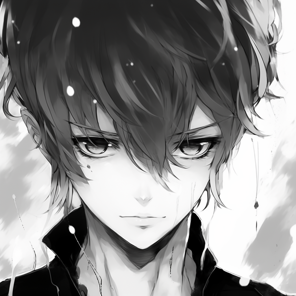 Close up of an anime character's eyes, shaded in dramatic black and white with intricate details. aesthetic anime profile picture black and white