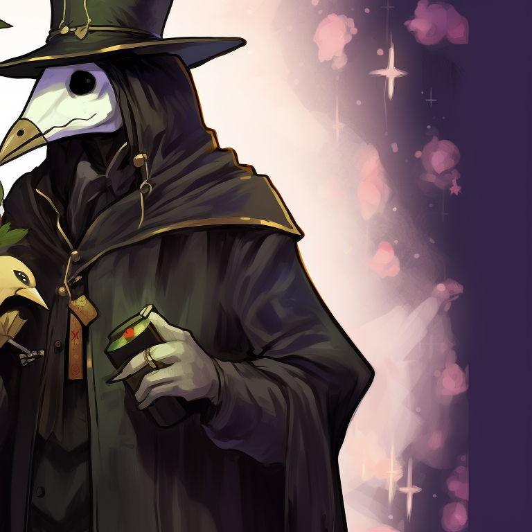 Two plague doctors, rich colors and intricate shading, exchanging a gift wrapped with a bow. matching plague doctor pfp christmas edition pfp for discord.