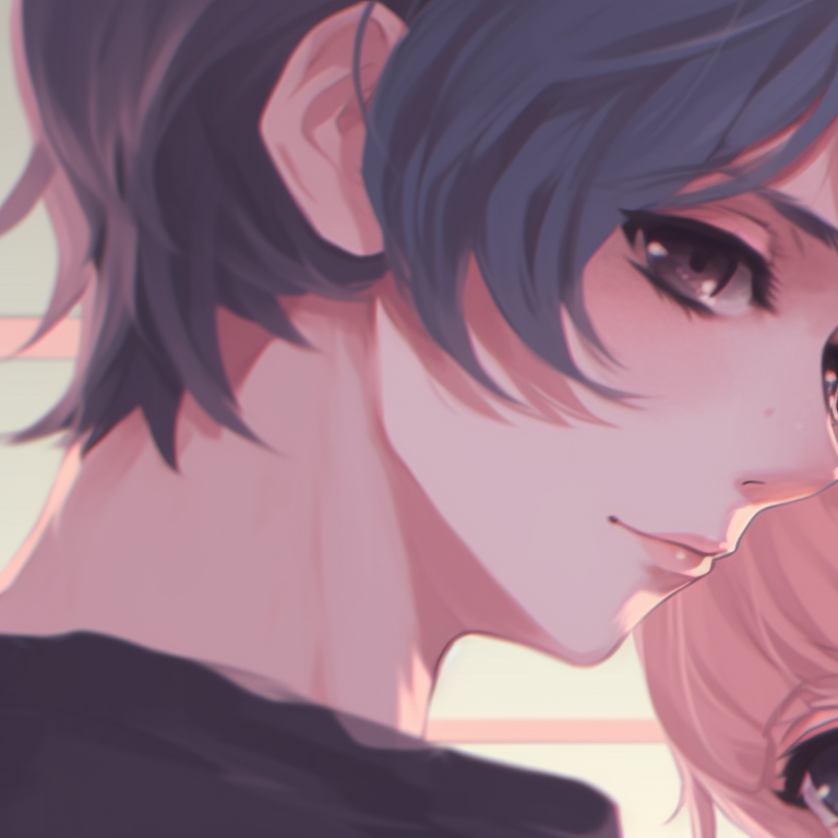 Two characters in an affectionate embrace, pastel color palette with a soft style. cute couple matching pfp pfp for discord.
