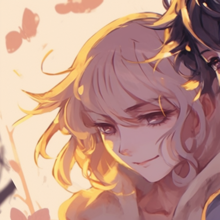 Two characters, under a gold halo of light, detailed expressions. High contrast. exquisite golden pfp discord items pfp for discord.