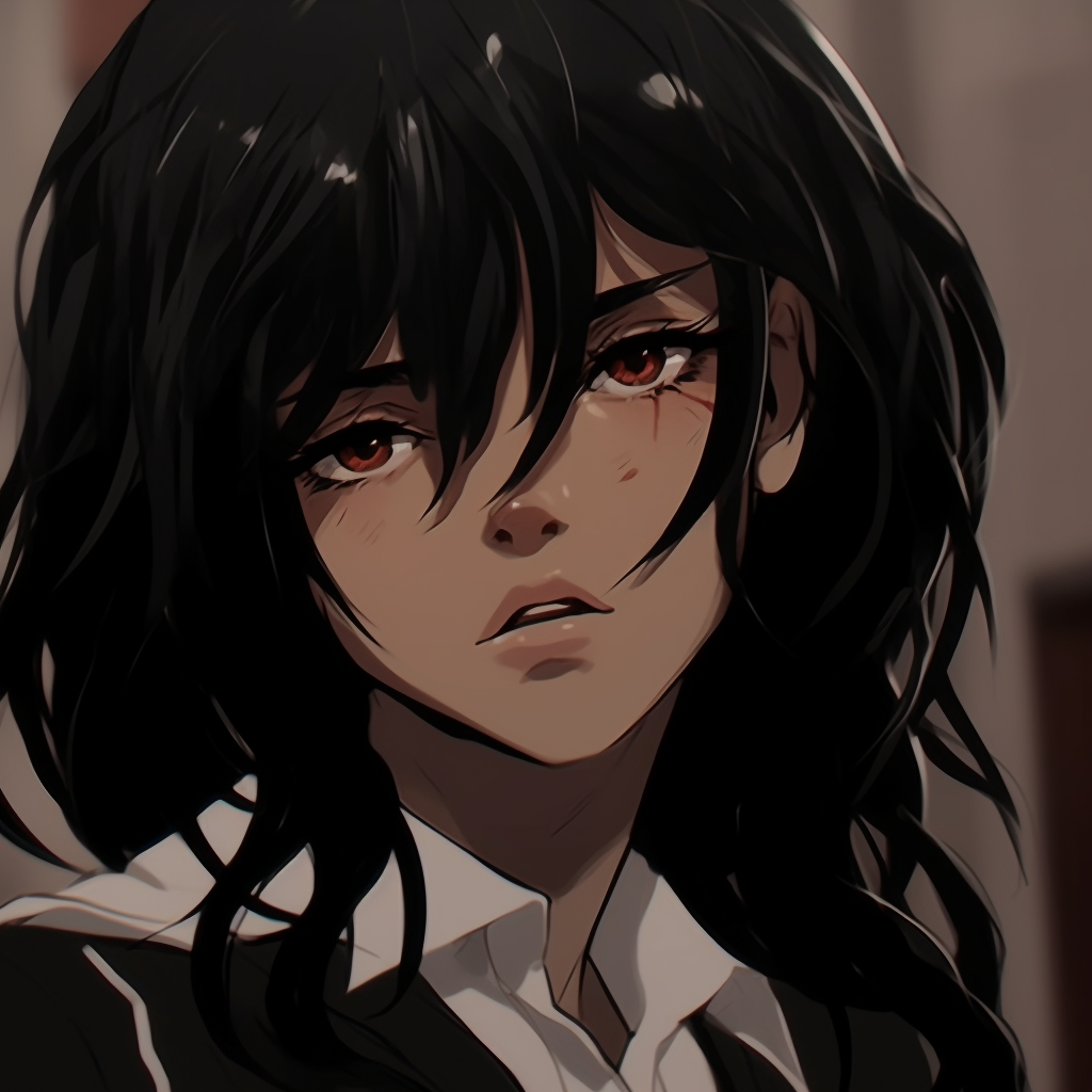 A serene portrait of a female anime character, detailed eyes and sleek hair, predominantly in black. anime black aesthetic pfp pfp for discord.