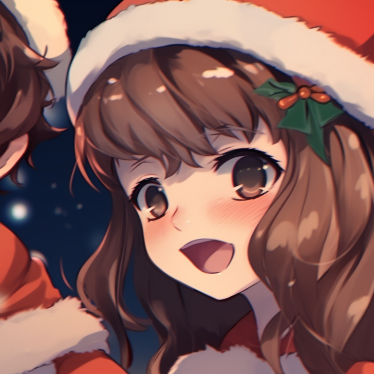 Two characters in coordinating outfits, rich colors and elegant lines, singing Christmas carols. the best matching cute aesthetic christmas pfp for use pfp for discord.