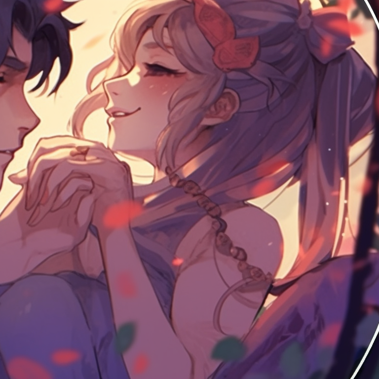 Two characters, noticeably elven, in an enchanted grove with deeply saturated colors. fantasy-themed cute couple matching pfp pfp for discord.