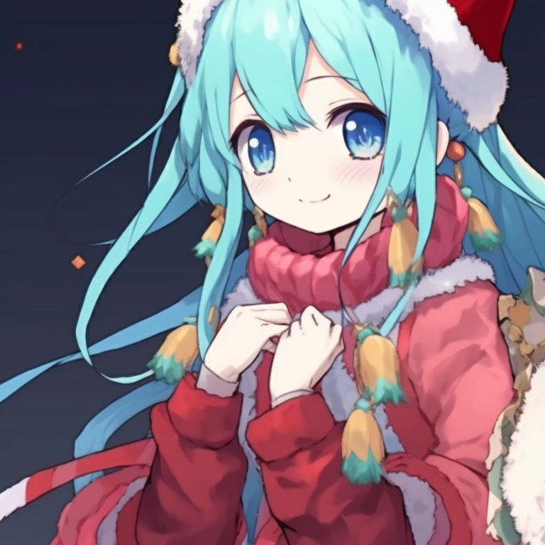 Hatsune Miku in matching holiday outfits, dynamic poses and bright colors convey festive cheer. hatsune miku's festive matching pfps pfp for discord.
