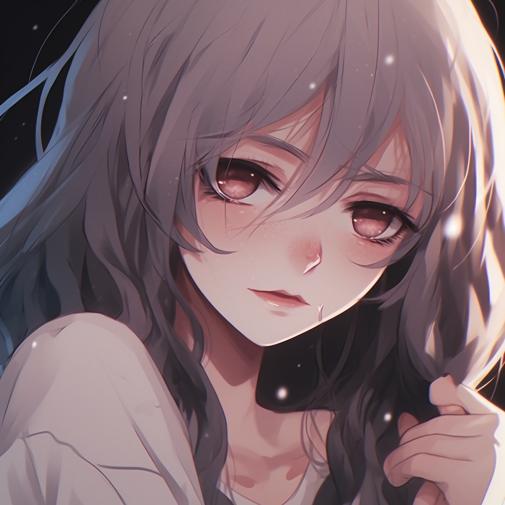 Close-up of a female character's face, focus on melancholic eyes, with dark outlines and soft shading. variety of sad anime pfp pfp for discord.