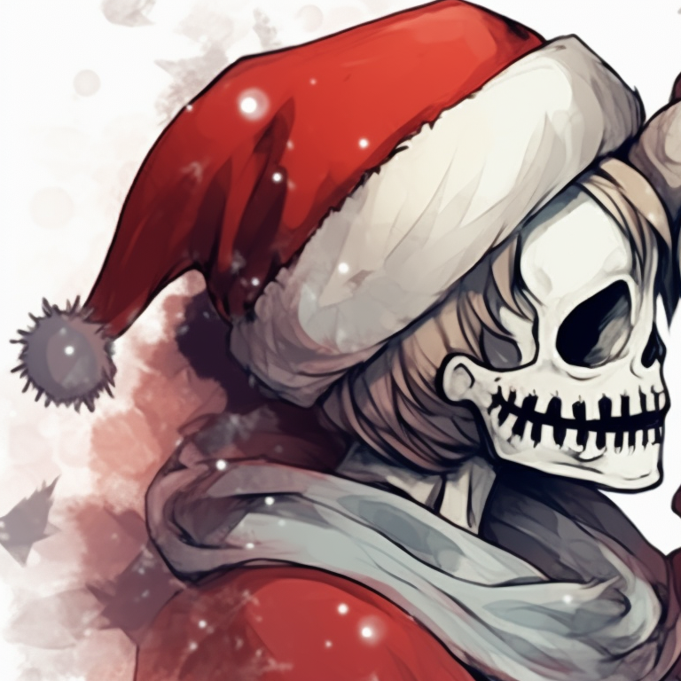 Two skeleton characters wrapped in a shared scarf, showcasing a minimalist style and muted holiday colors. santa skeletons - matching christmas pfp, kissing style pfp for discord.