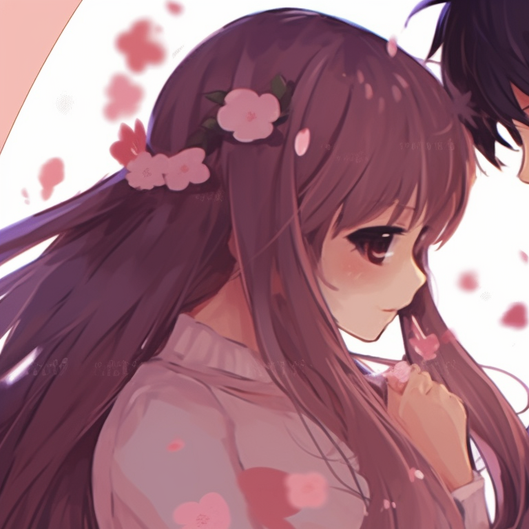Two characters slightly leaning towards each other under a cherry blossom tree, warm colors and delicate lines. anime matching pfp romantic couple pfp for discord.