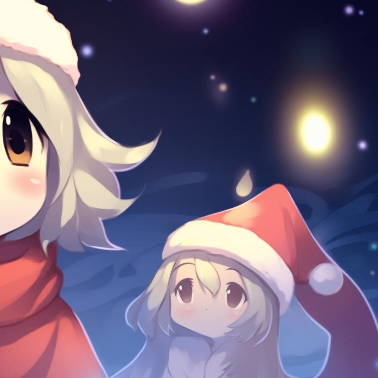 Two ghost characters, gleefully tangled in Christmas tinsel with twinkling lights reflecting off them. animated matching christmas pfp ghost moments pfp for discord.