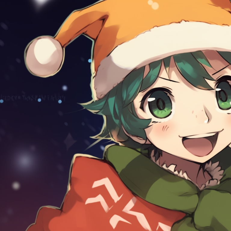 Two characters sporting holiday hats, bright colors and festive background. awesome matching demon slayer christmas pfp collection pfp for discord.