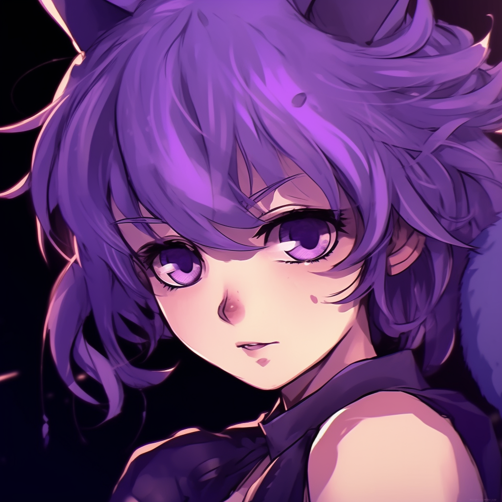 A sultry female anime character, hair fallen over one eye, with dominant purple undertones and clean linework. female purple anime pfp pfp for discord.