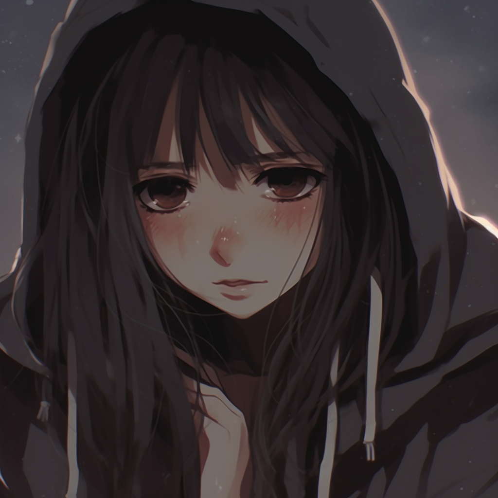 Anime girl standing under a gray, rainy sky, her lonely silhouette telling a story of her despair. depressed anime girl pfp wallpaper pfp for discord.