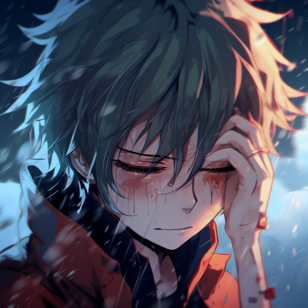 Deku form My Hero Academia shown in desperate sorrow, bold colors and dynamic lines. crying anime pfp wallpapers pfp for discord.