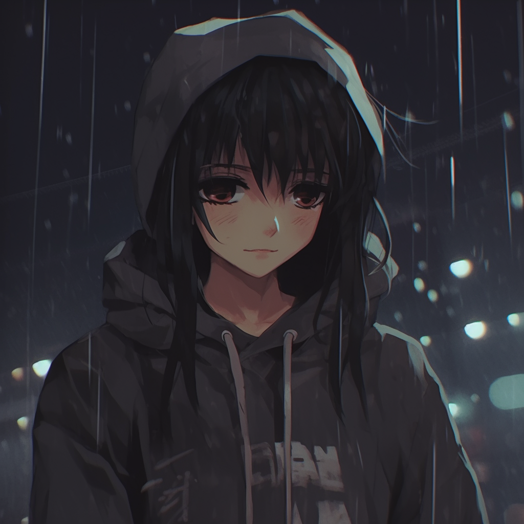 Character standing in the rain, dull tones and visible raindrops. suggestive anime sad pfps