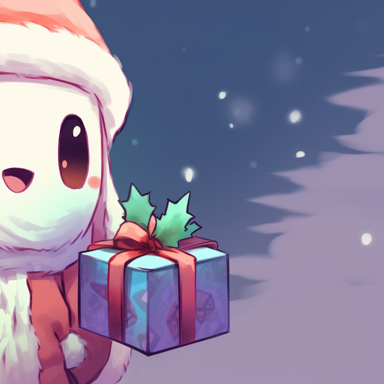 Two cute ghost characters, light colors and snowy scenery, standing with a Christmas gift unique matching cute ghost christmas pfp pfp for discord.