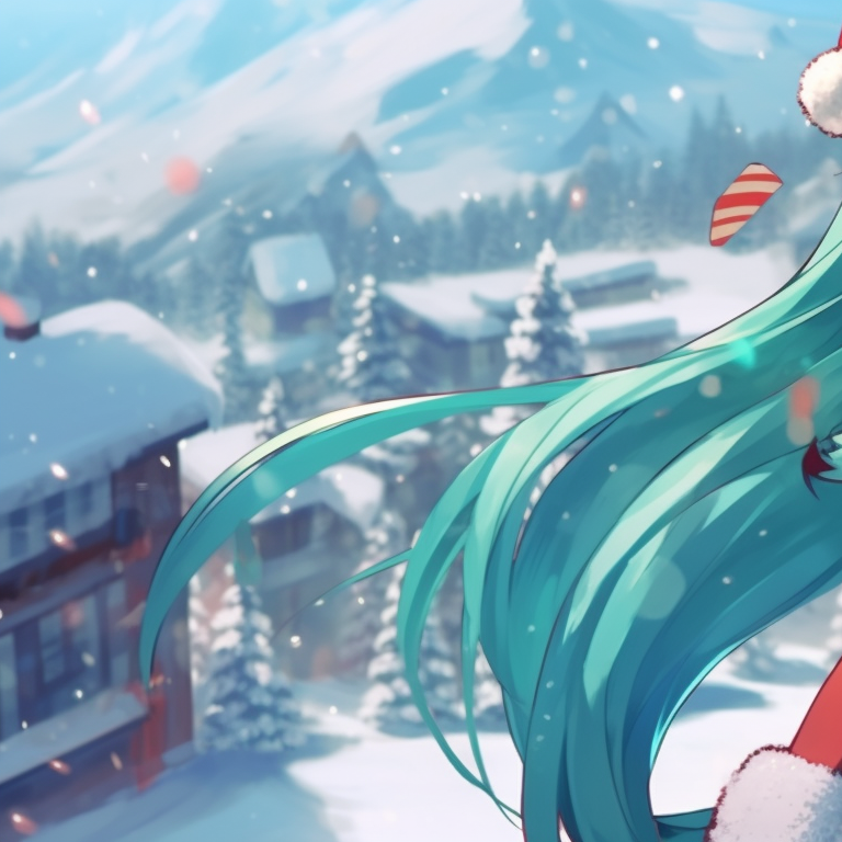 Close-up on Hatsune Miku's face, detailed with festive makeup and soft Christmas lights reflecting off her eyes. anime theme: matching christmas hatsune miku pfp pfp for discord.