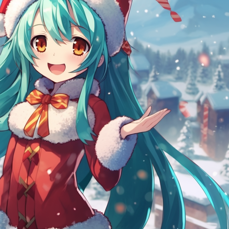 Close-up on Hatsune Miku's face, detailed with festive makeup and soft Christmas lights reflecting off her eyes. anime theme: matching christmas hatsune miku pfp pfp for discord.