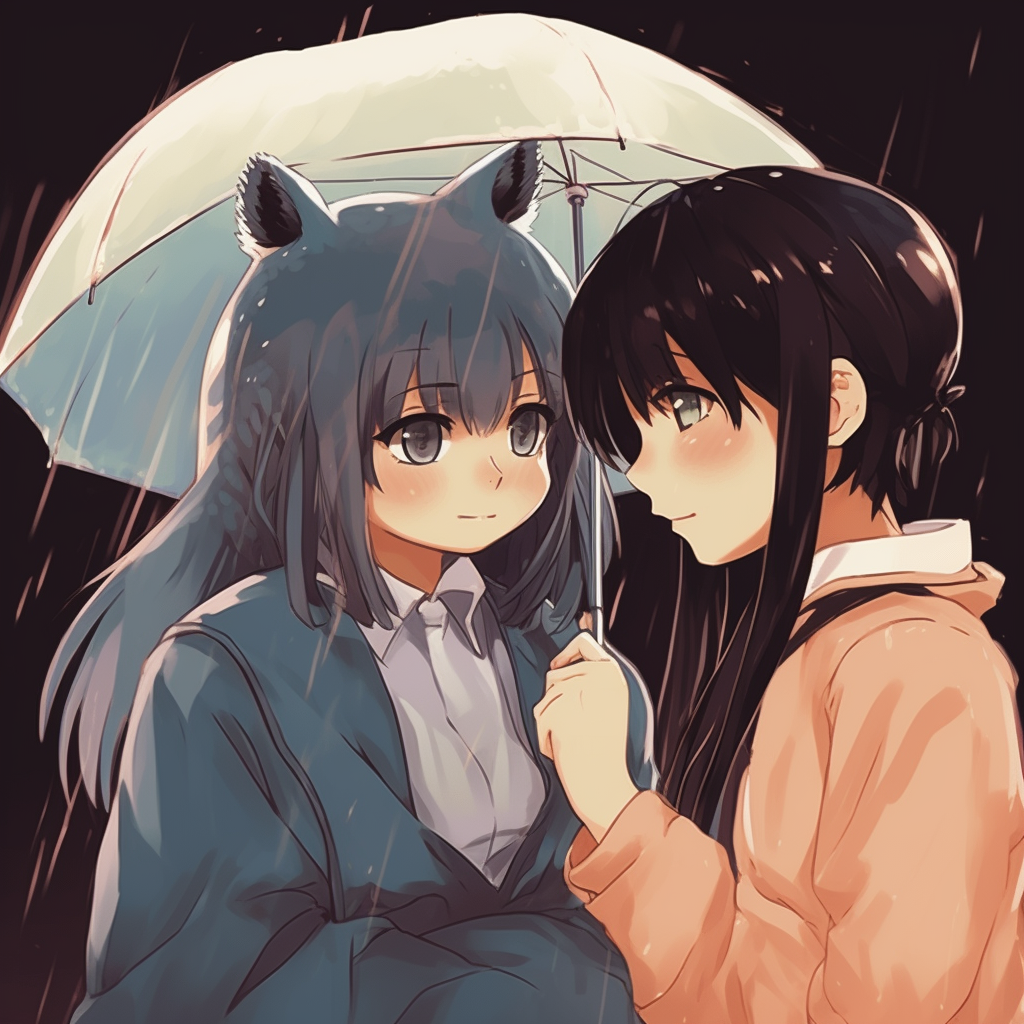 Totoro with umbrella and Satsuki, cool colors and raindrop details. aesthetically pleasing anime pfp matching