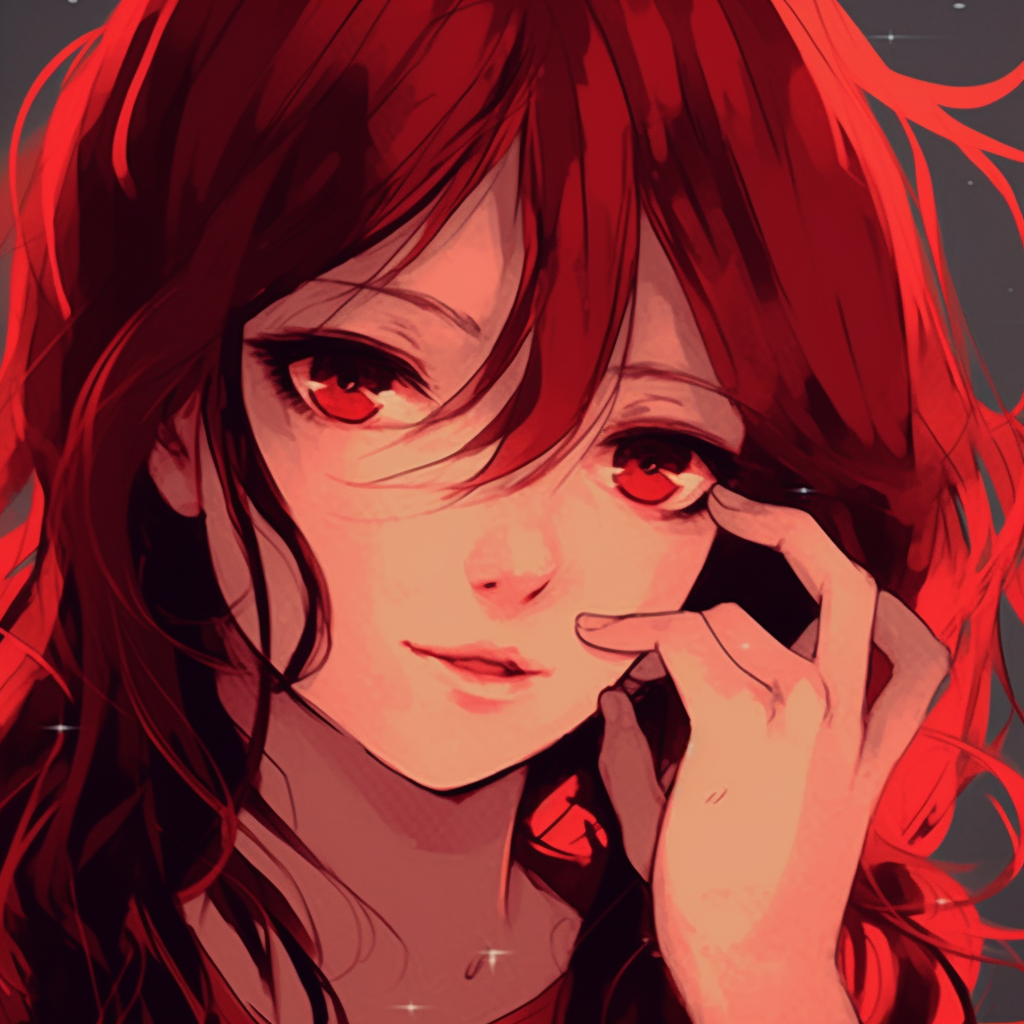 Gorgeous anime character with rosy, red hair, focusing on fine lines and soft hues. beautiful red anime girl pfp