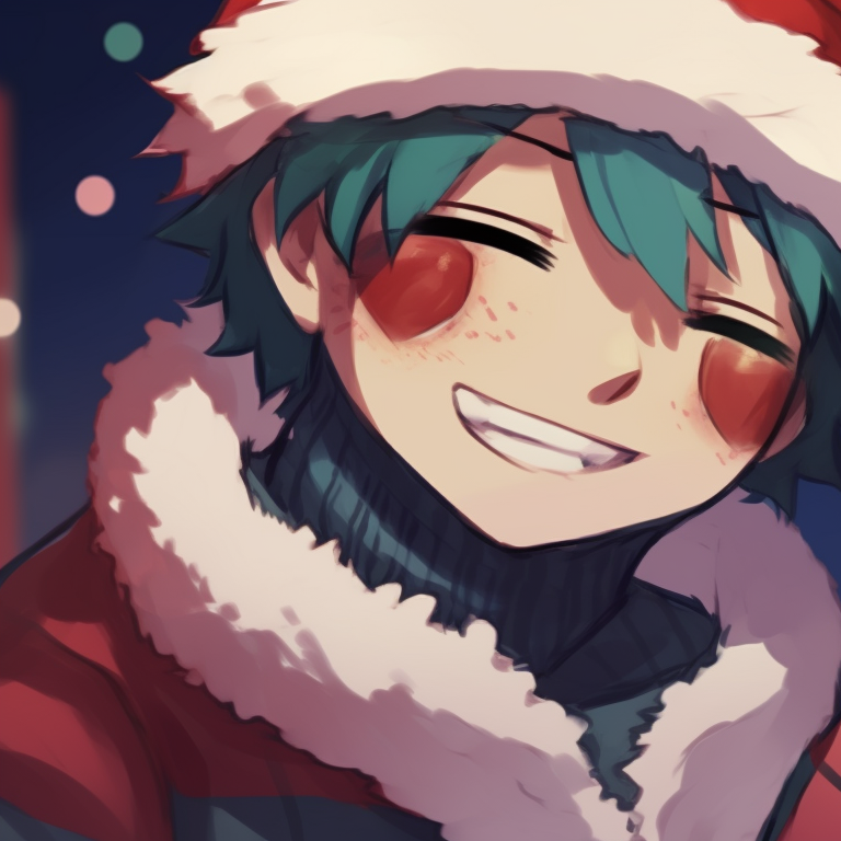 Two characters sharing a moment underneath a mistletoe, focus on their happy expressions and warm color palette. my hero academia christmas pfps for monica pfp for discord.