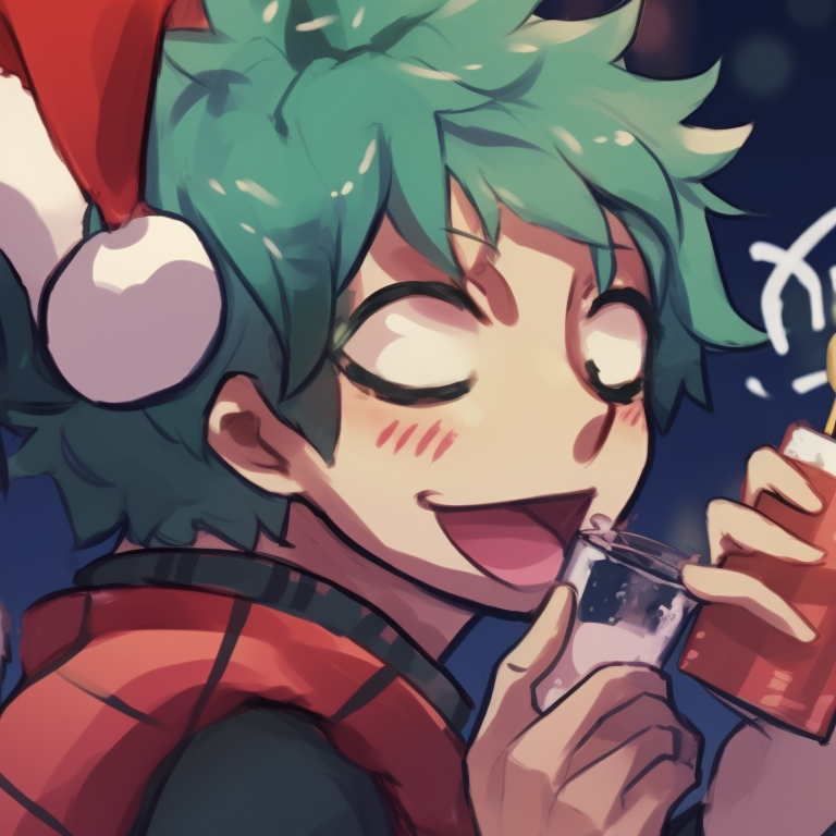 Two characters sharing a moment underneath a mistletoe, focus on their happy expressions and warm color palette. my hero academia christmas pfps for monica pfp for discord.
