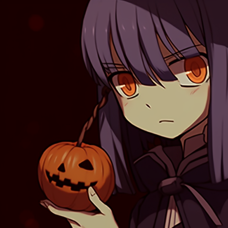 Two anime characters in Halloween costumes, dark colours with high contrast, standing side by side looking into the camera. matching meme pfp from halloween films pfp for discord.