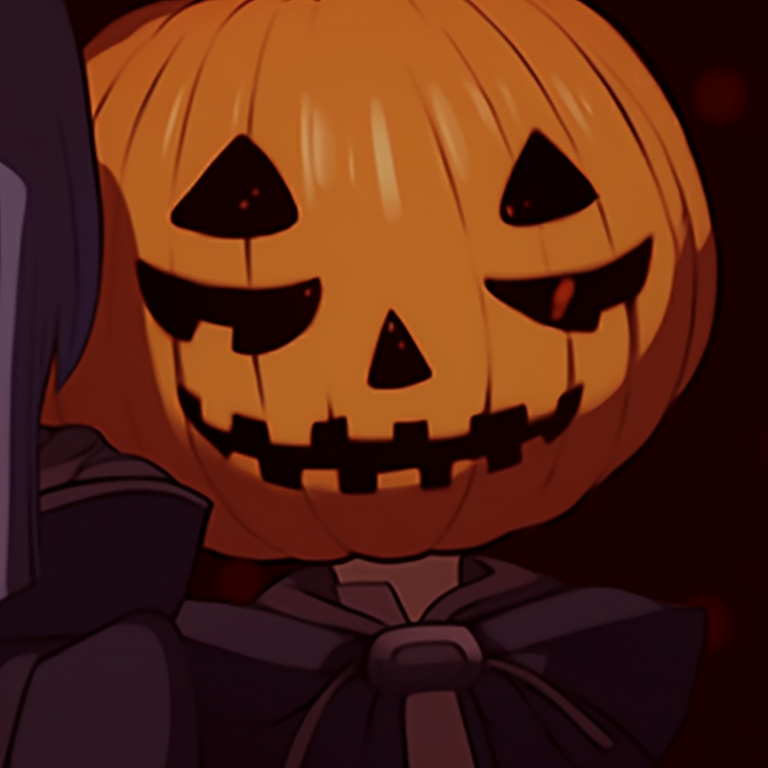 Two anime characters in Halloween costumes, dark colours with high contrast, standing side by side looking into the camera. matching meme pfp from halloween films pfp for discord.