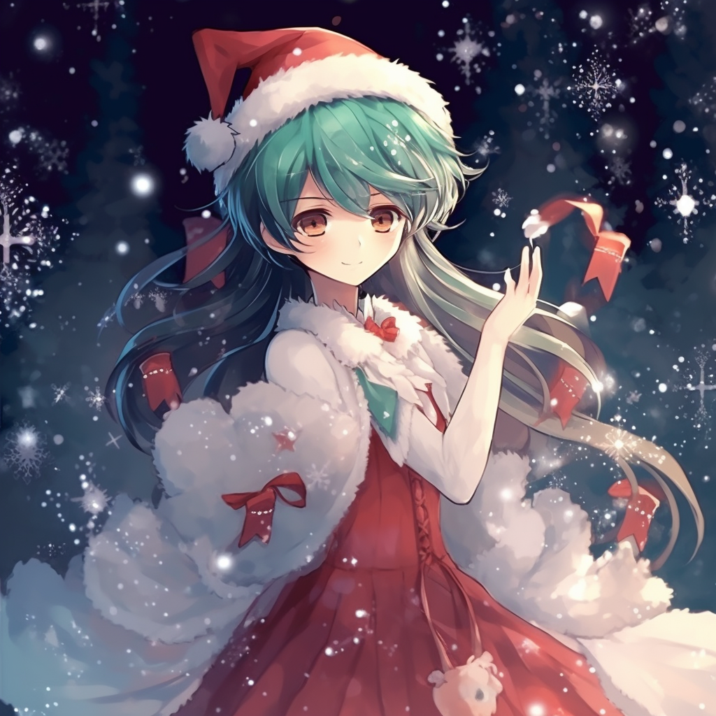Miku surrounded by snowflakes, mirroring the Christmas theme, vibrant colors. christmas anime pfp