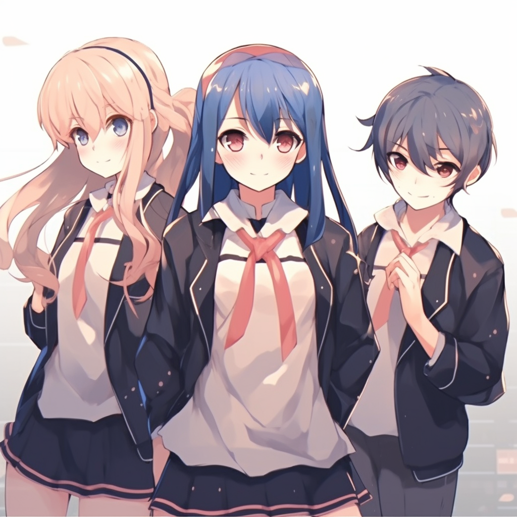 Group of anime girls in school clothing, polished illustration and bright tones. anime pfp girl trio pfp for discord.