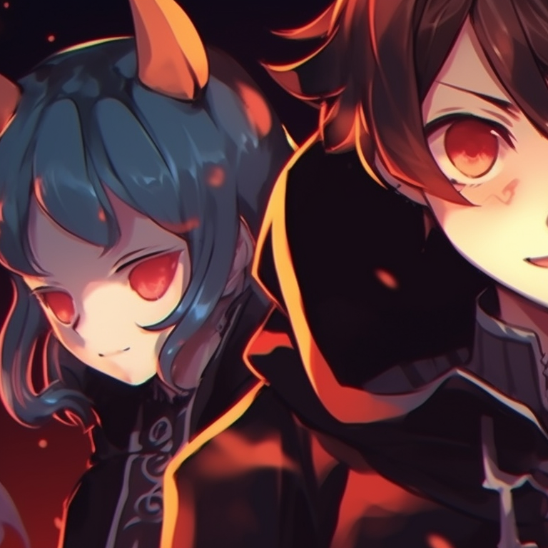 Three characters, each expressing their fear, dressed in gothic style costumes with dark, rich colors. halloween pfp trio pfp for discord.