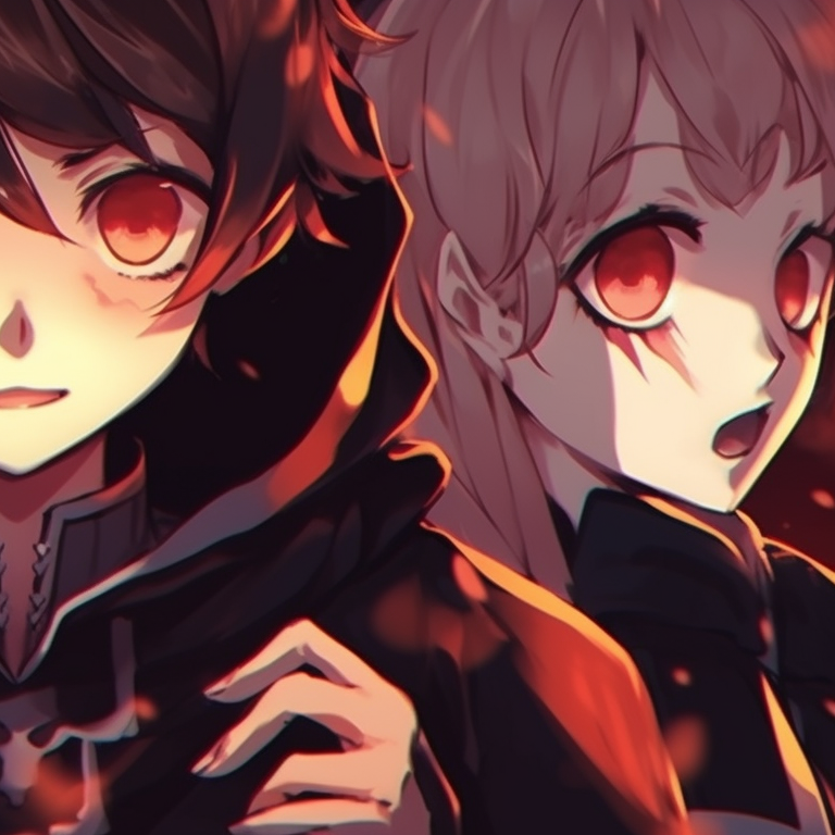 Three characters, each expressing their fear, dressed in gothic style costumes with dark, rich colors. halloween pfp trio pfp for discord.