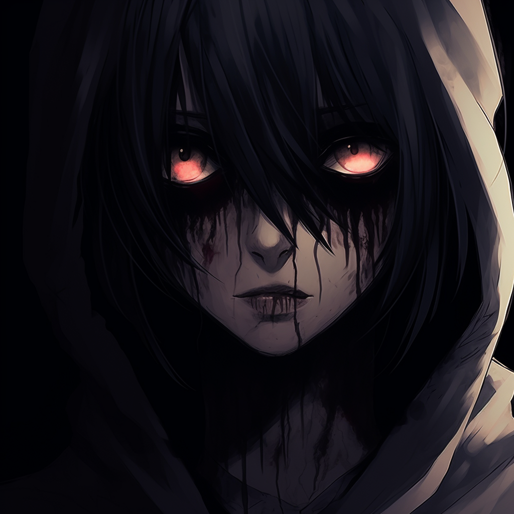 Scary anime ghoul staring intensely, cold colors with strong contrast. gothic scary anime pfp pfp for discord.