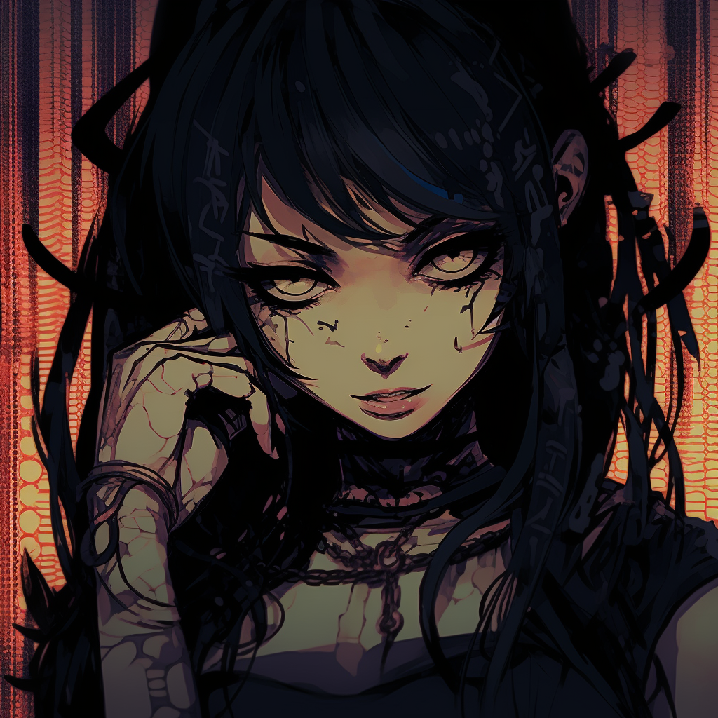 A grunge anime girl with a fierce expression, bold outlines and dark tones. grunge anime pfp for girls