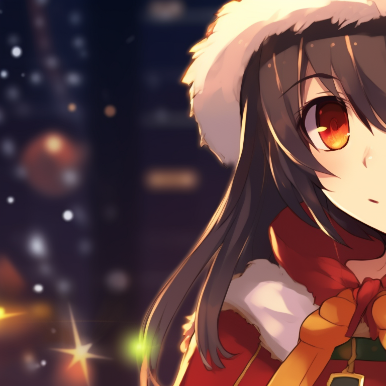 Megumin in a winter scene performing magic, accentuated by cool colors and snowy details. matching megumin christmas pfp choices pfp for discord.