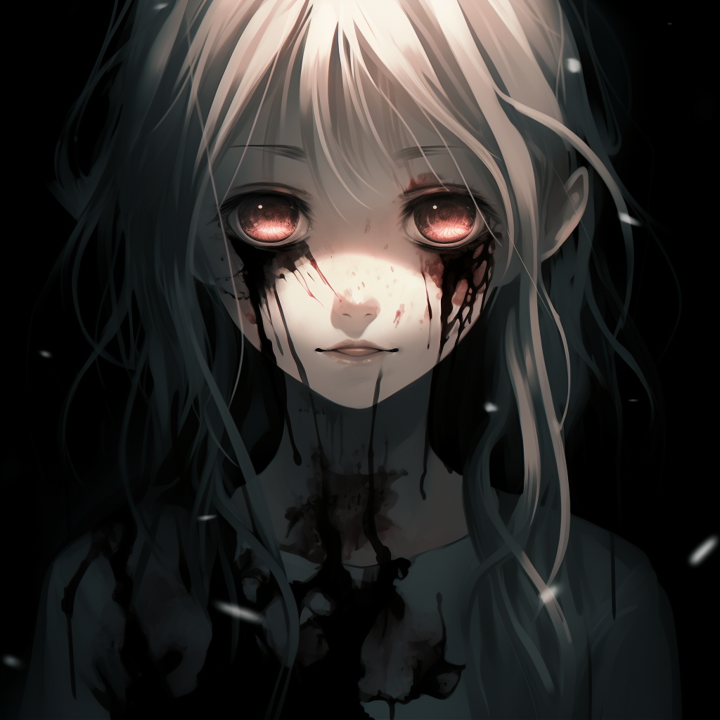 A ghoulish anime girl, high contrasts combined with muted tones and detailed fear-stricken eyes. conceptual ideas for scary anime pfp pfp for discord.