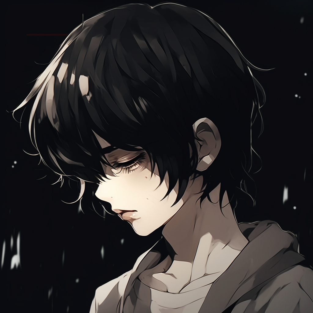 Profile of a frustrated anime boy, gentle shading and deep hues. depressed anime boy pfp collection