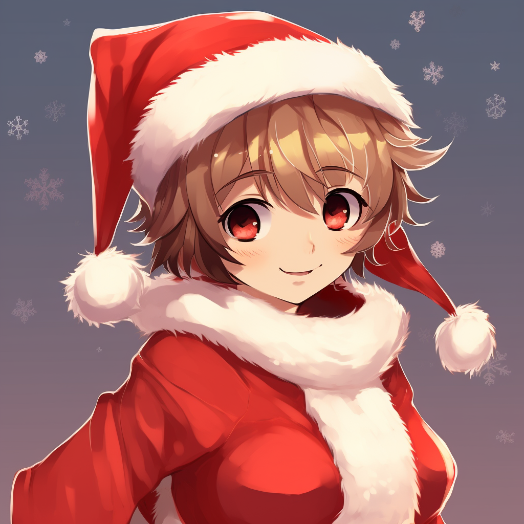 Anime character in a fluffy Santa hat, playfully detailed and bright red accents. cute themed anime christmas pfp