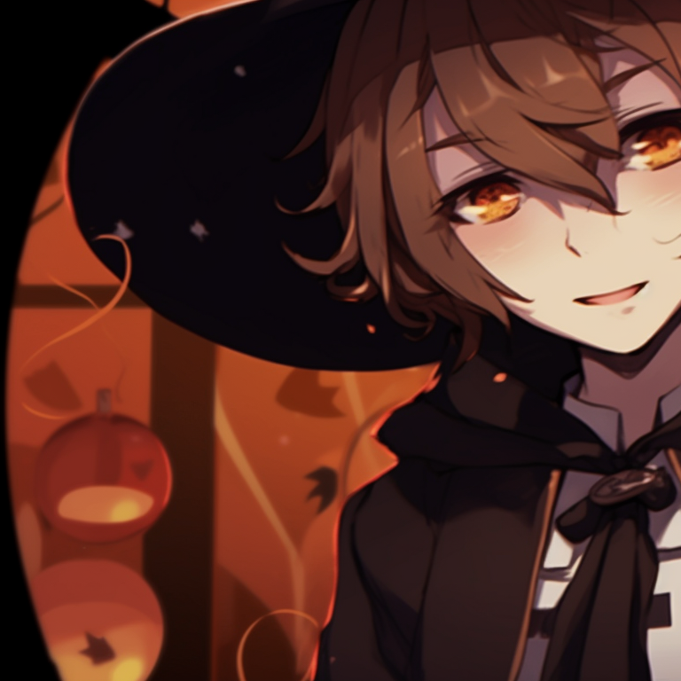 Two characters, one in a ghost costume and the other in a dark devil outfit, their expressions intense against a mystifying foggy backdrop. soukoku matching pfp halloween theme pfp for discord.