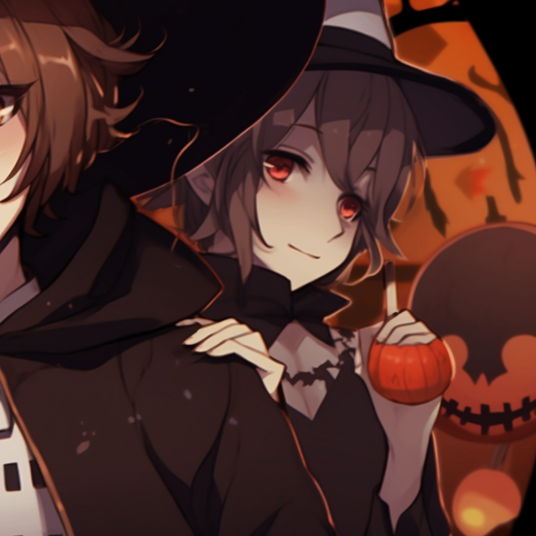 Two characters, one in a ghost costume and the other in a dark devil outfit, their expressions intense against a mystifying foggy backdrop. soukoku matching pfp halloween theme pfp for discord.