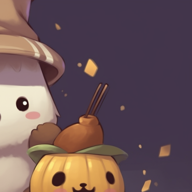 Two characters in a warm embrace, cool tones, wearing Halloween accessories. milk and mocha bear matching profile picture halloween theme inspiration pfp for discord.