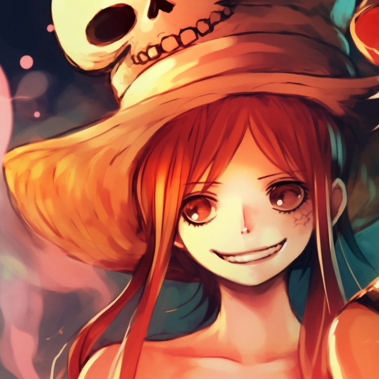 Close-up of Luffy and Nami in Halloween costumes, with rich detailing and vivid colors. one piece halloween matching pfp pfp for discord.