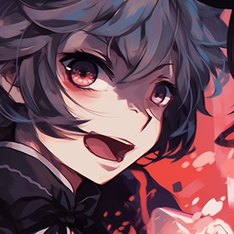 Two characters in a standoff pose, accentuated by intense, dark backdrops and striking eye details. innovative matching pfps for friends pfp for discord.