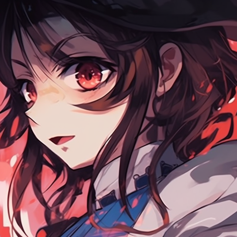 Two characters in a standoff pose, accentuated by intense, dark backdrops and striking eye details. innovative matching pfps for friends pfp for discord.