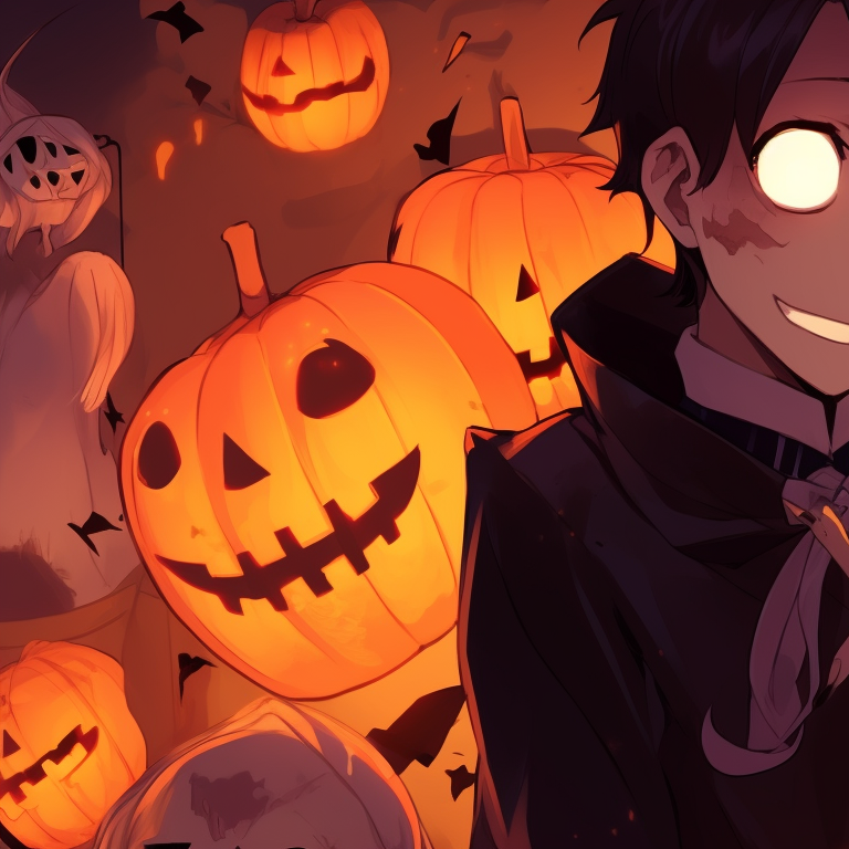 Silhouettes of characters against moonlit sky, muted colors and Halloween elements. halloween special aot matching pfp pfp for discord.