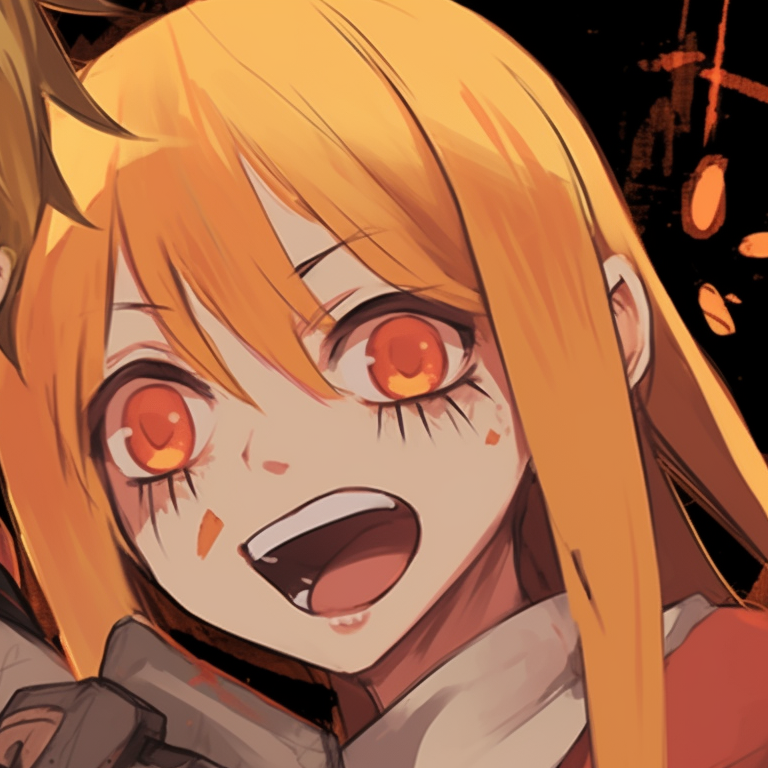 Denji and his devil, Pochita, poignant expressions, clear lines, and bright colors,displaying a strong bond. chainsaw man pfp for duo pfp for discord.