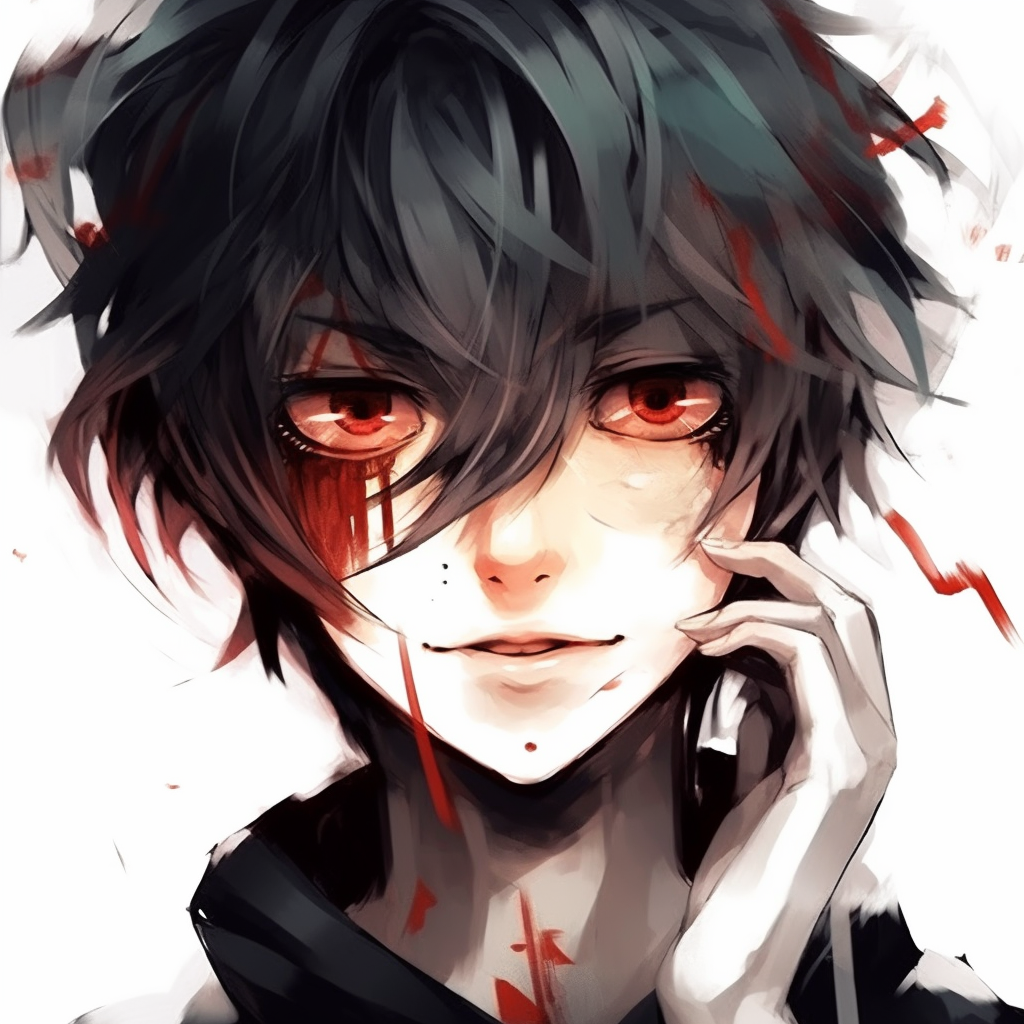 An anime boy with unhinged expression, intense eyes, and haphazard hair, characterised by loose sketching style and bold strokes. crazy anime boy pfp sketching tips pfp for discord.