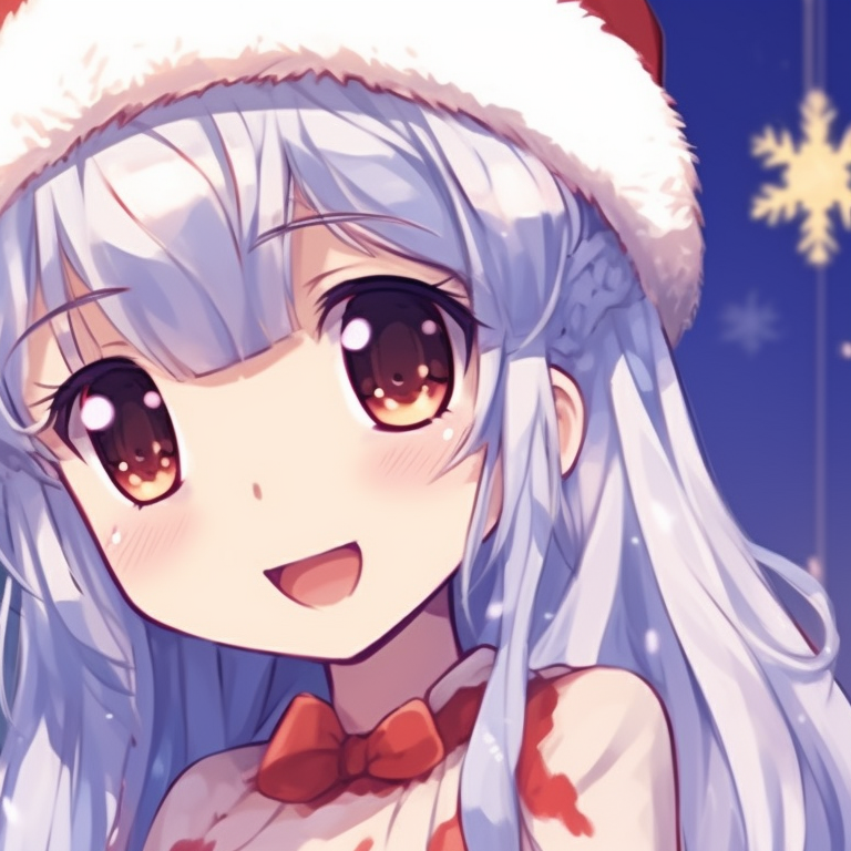 Two characters, wearing hats with snowflakes, soft snowy background. unique matching anime girl christmas pfp designs pfp for discord.