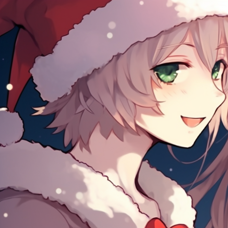 Anime couple gently touched by snowfall, dreamy blues, and whites, rosy cheeks showing cold. festive matching discord pfp christmas pfp for discord.
