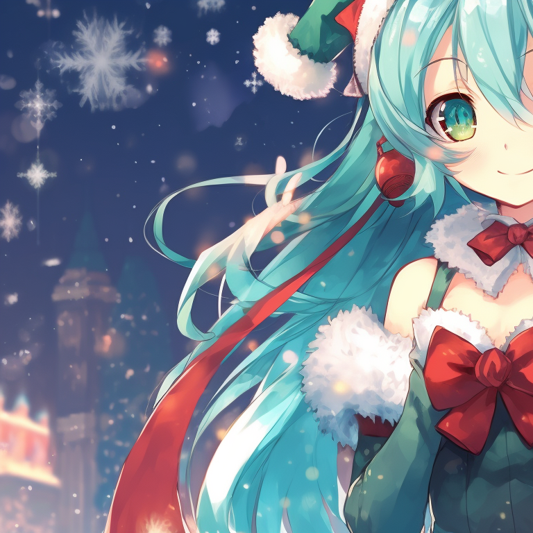 Hatsune Miku characters, surrounded by candles, intimate close-ups, soft warm light offsets cool winter colors, characters seem engaged in a festive song. hatsune miku's festive matching pfps pfp for discord.