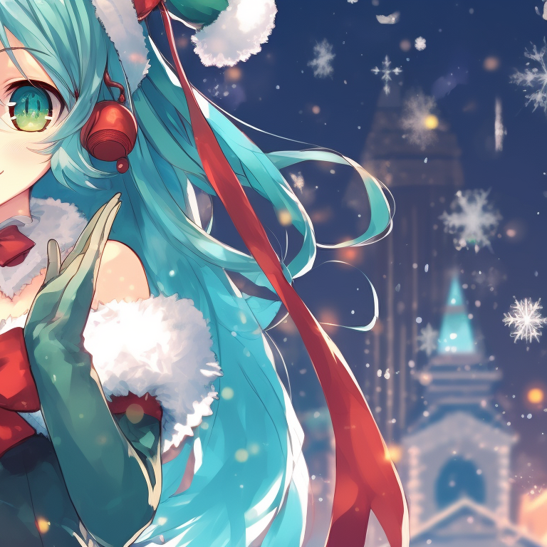 Hatsune Miku characters, surrounded by candles, intimate close-ups, soft warm light offsets cool winter colors, characters seem engaged in a festive song. hatsune miku's festive matching pfps pfp for discord.